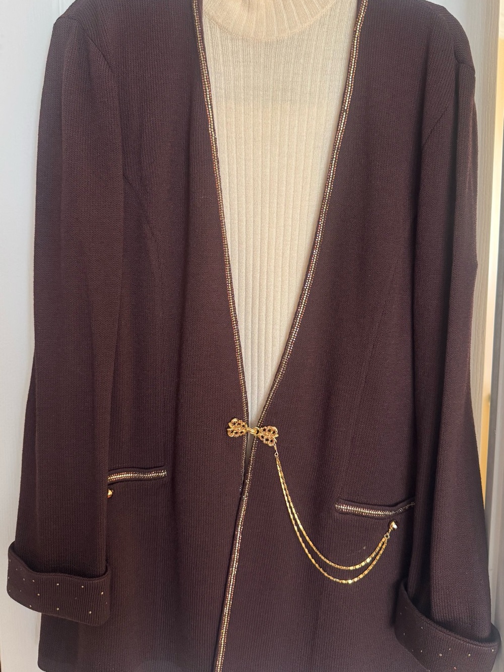 St. John Brown Knit Open-Front Jacket with Gold Chain Detail